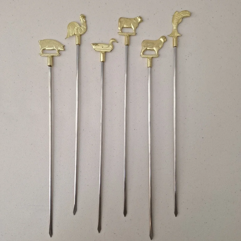 Vintage Set Of 6 Brass Skewers‎ Tops Farm Animals 15